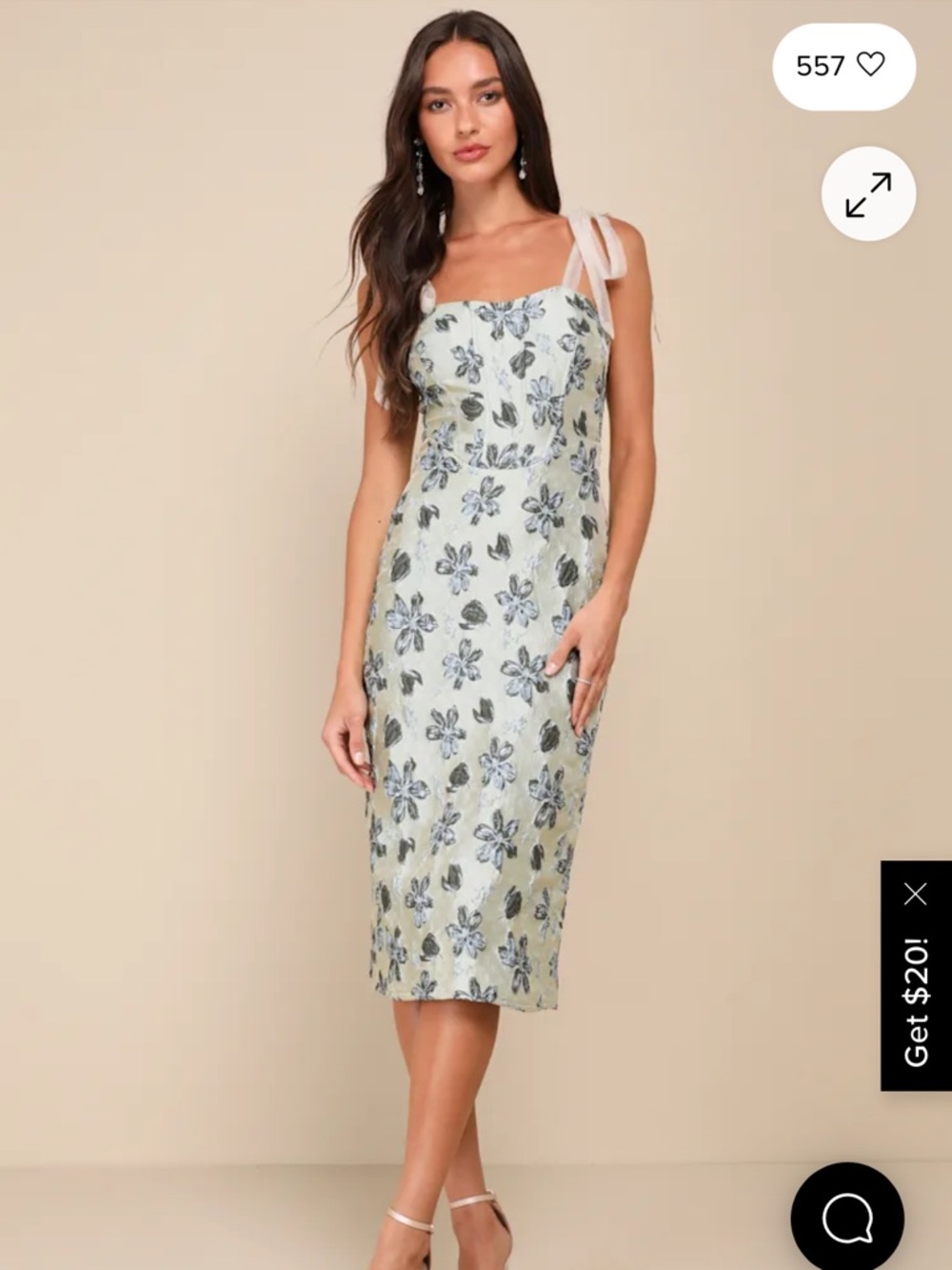 Floral Tie-Shoulder Midi Dress in Cream and Blue